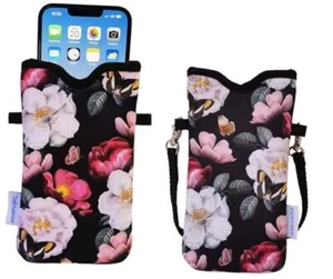 Men Women Neoprene Phone Sleeve Pouch Case Bag with Crossbody Black Floral - Picture 1 of 7