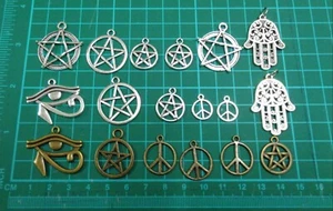 18 Bronze Tone and Silver Tone Mixed Charms Egyptian Eye Pentacle Hand Peace - Picture 1 of 7