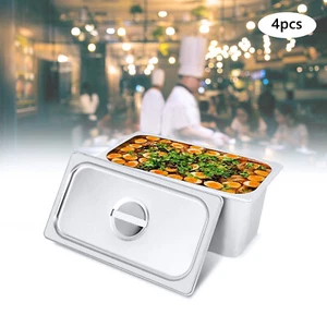 4Pcs 6" Stainless Steel Deep Steam Table Pans with Lids 1/3 Size Hotel Food Prep - Picture 1 of 11