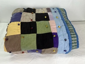 Vintage Full Handmade Quilt Colorful Patchwork Blocks Blanket Throw - Picture 1 of 6