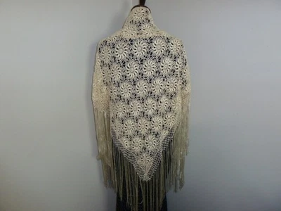 Boho Vintage Lace Shawl Crochet Silky Off White Floral Lace wedding accessory - Image 1 of 4