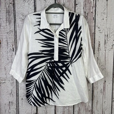 Chico’s 0女式4棕榈印花纽扣亚麻束腰外衣白色海军蓝3/4袖 — 第 1/4 张图片