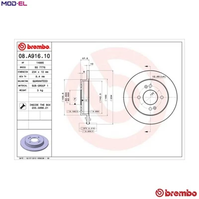 2x BRAKE DISC 08.A916.10 FOR HYUNDAI KIA PICANTO/EKO/TAXI MORNING/III 1.1L 3cyl - Image 1 of 4