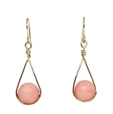 Coral Gemstone Beaded Handmade Gold-Tone Wire Wrap Teardrop Dangle Boho Earrings - Image 1 of 4