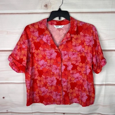 Camiseta para dormir Sonoma XL roja naranja hibisco hawaiana tejida con botones Foto 1 de 4
