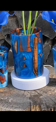 Juego de 3 lámparas y jarrón de resina/madera hechos a mano Foto 1 de 4