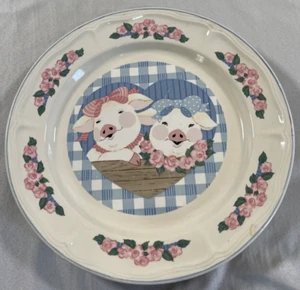 Tienshan Dinner Plate Pig Pal 12" Pigs Flowers Plaid Stoneware Dishwasher Safe - Picture 1 of 4