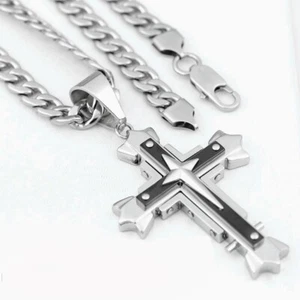 Men's Silver Stainless-Steel.CROSS Black Pendant 24" Cuban-Curb Necklace..Box - Picture 1 of 4