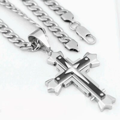 Men's Silver Stainless-Steel.CROSS Black Pendant 24" Cuban-Curb Necklace..Box - Image 1 of 4