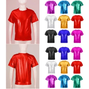 Girls Shiny Metallic T-Shirts Round Neck Crop Tops Party Hip-hop Jazz Tops - Picture 1 of 77