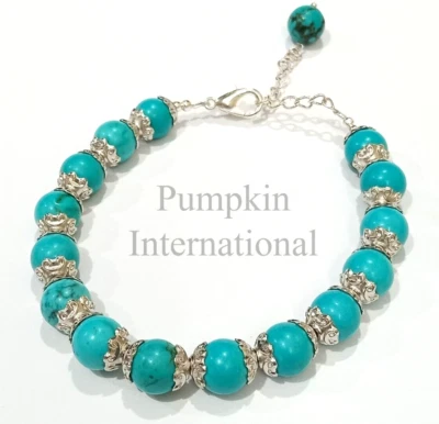 蓝色铜绿松石宝石圆珠手链带镀银链 — 第 1/4 张图片