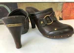 Michael Kors Studded Clogs Wooden Heel Chocolate Brown Leather Womens  Shoe 7 M - Picture 1 of 8