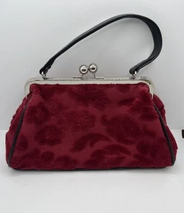 Glenda Gies Red Chenille Floral With Black Leather Trim Handbag Purse - Picture 1 of 9