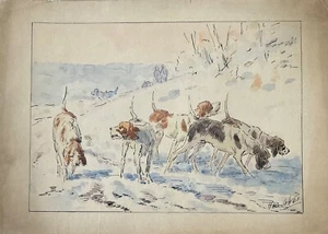 MARIE DIDIÈRE CALVÈS AQUARELLE ORIGINALE 1920 CHIENS DE CHASSE DANS LA NEIGE - Picture 1 of 5