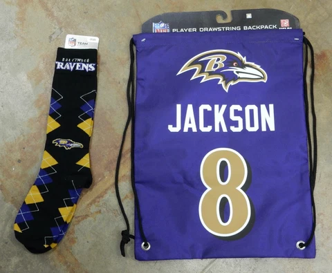 2 Pack NFL Baltimore Ravens Gift Fan Socks Drawstring Bag Jersey Lamar Jackson Cover