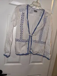 CABERNET Sleepwear M Women's White  Blue 100% Cotton w/Lace Short Jacket Robe - Picture 1 of 5
