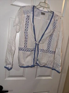 CABERNET Sleepwear M Women's White Blue 100% Cotton w/Lace Short Jacket Robe - Picture 1 of 5