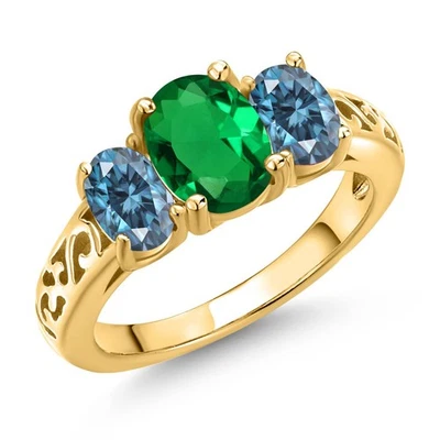 18K Yellow Gold Plated Silver Ring Nano Emerald and Persian Blue Moissanite - Image 1 of 4