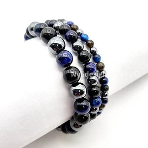 Marineblaues Tigerauge, schwarzer Obsidian metallisch grau Hämatit Perlen Armband 7,5" - Bild 1 von 11