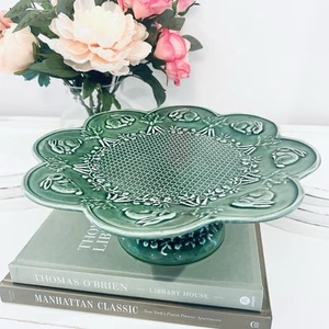 Vtg Bordallo Pinheiro Bunny Rabbit Green Pedestal Cake Stand Cabbage Majolica - Picture 1 of 8