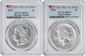 2024 Morgan and Peace Silver Dollar 2-Coin Set MS70 First Day of Issue PCGS - Picture 1 of 2