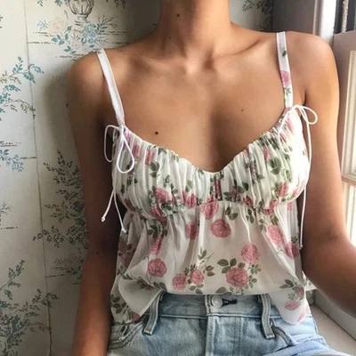 For Love & Lemons Biscotti Rose Print Cropped Cami Women’s XS Pink Floral Silk - Image 1 of 4