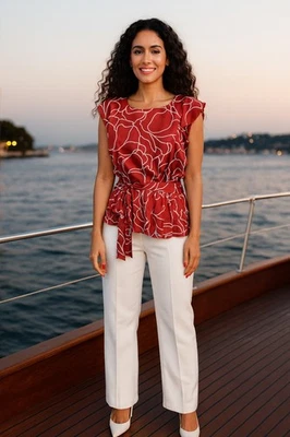 New York & Company Red White Abstract Tie-Waist Blouse, Size Small - Image 1 of 4