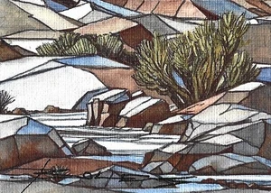 ORIGINAL Hand Painted Pen and Watercolor (ACEO) Sage Brush and Jagged Rocks - Picture 1 of 1