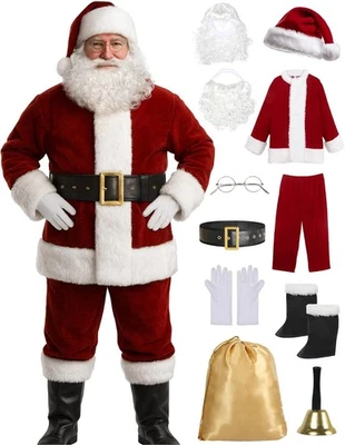 Men's Deluxe 11pc Professional Santa Suit Velvet Christmas Costume Adult Outfit - Image 1 of 4