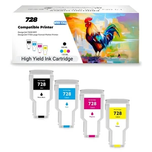728 Ink Cartridges (300ml BK/ 130ml CMY ) Compatible with HP 728 T830 MFP T730 - Picture 1 of 9