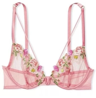 Victoria Secrets Very Sexy Bra 32DD Unlined Rose Embroidery Sheer Mesh Fairycore - Image 1 of 4