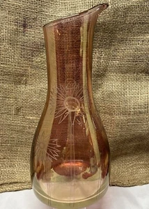 MCM Roscher Etched Iridescent Glass Pink Flowers Carafe Decanter Vase Romania - Picture 1 of 13