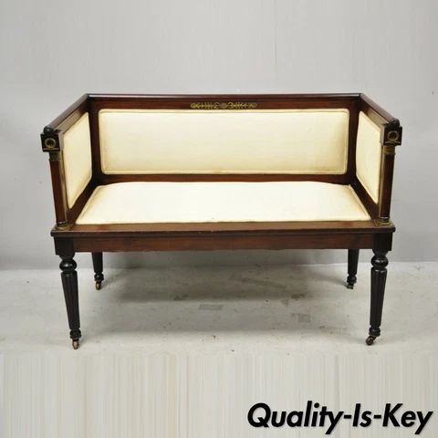 Antique French Empire Mahogany Bench Settee with Bronze Ormolu and Even Arms Cover