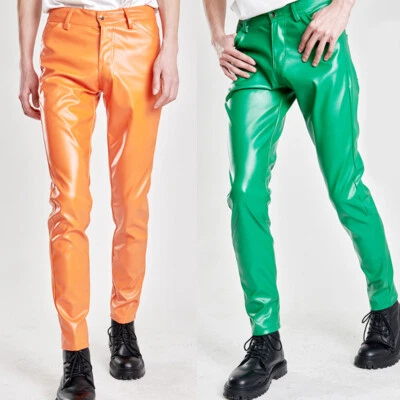 Pantalones ajustados de cuero sintético para hombre calce ajustado elásticos pantalones de motociclista fiesta club Foto 1 de 4