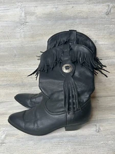 Acme Vintage Black Concho Fringe Mid Calf Heeled Boots Womens Cowboy Western 9.5 - Picture 1 of 4