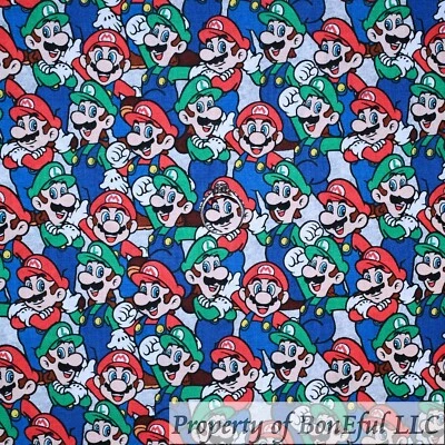 BonEful Fabric FQ Cotton Quilt Gray Blue Red Green Mario Brothers Game Boy Luigi - Image 1 of 4