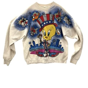 Vintage 90s Looney Tunes Freeze All Over Print Crewneck Sweatshirt Patriotic XL - Picture 1 of 12