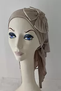 NWT IMAGA Hats Triangle Head Scarf Tichel Knit Fabric w Flower TAUPE/Champagne - Picture 1 of 3