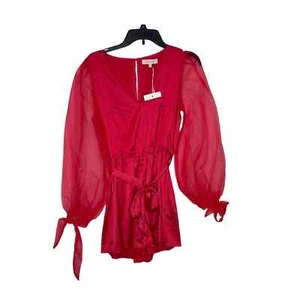 Fanco Women Romper Sheer V Neck Lace Long Sleeve Tie Waist Red Sz. Medium NWT - Picture 1 of 11