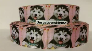 Grosgrain Ribbon, Husky Dog Puppy with Collar on Pink, Rescue Dog, Sled Dog, 1" - Picture 1 of 1