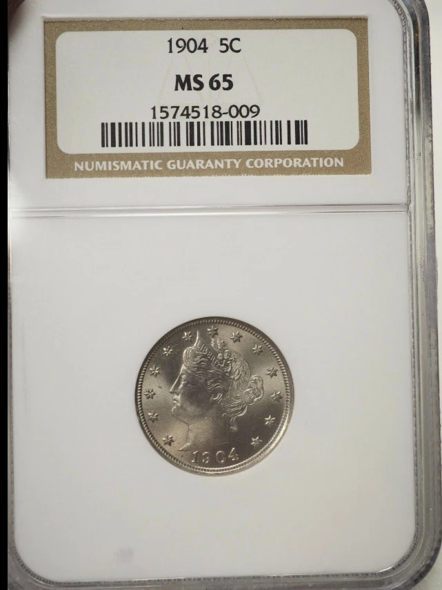 :1904 5C KEY DATE LIBERTY HEAD NICKEL LUSTROUS NGC MS 65 LOW POP HIGHEST GRADES - Image 1 of 2