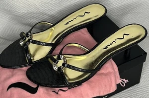 Nina Nora Black Pearl Heels Open Toe Rhinestone Sandals 8M Leather - Picture 1 of 11
