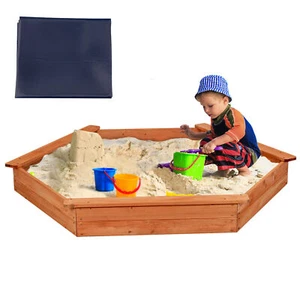 Hexagon Wooden Cedar Sand Box w Seat Boards & Cover & Ground Liner - Picture 1 of 10