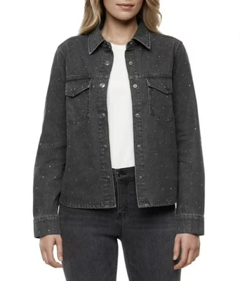 Женская черная джинсовая куртка Express со стразами на застежке спереди размер Средний новый с Ярлыками изящный - Изображение 1 из 4