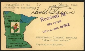 Harold Edward Stassen d2001 signed autograph Governor of Minnesota Post Card - Picture 1 of 1