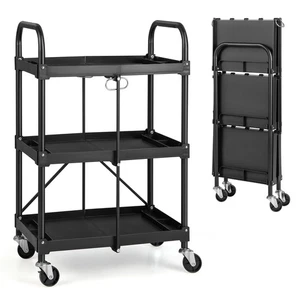 Folding Collapsible Service Cart Heavy-Duty 3-Shelf Tool Cart with 4 Wheels - Picture 1 of 10