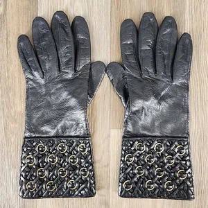 Guantes de Cuero Negros Talla 7 Italianos Forrados de Seda Trenzados Acento Dorado Diseñador - Imagen 1 de 7