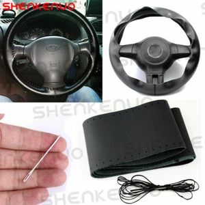 BLACK Genuine Leather Steering Wheel Cover Wrap Sew-on 14.5"-15" Kit For All Car - Foto 1 di 10