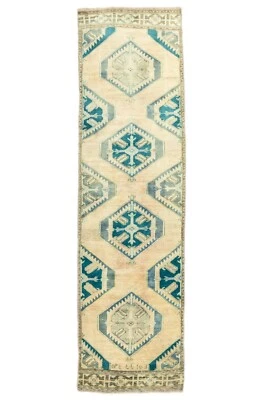 Corredor azul beige, 2,11 x 10,11 pies, alfombra de pasillo, decoración de entrada terrosa, 100 % lana Foto 1 de 4