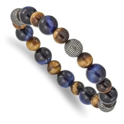 Stainless Steel Antiqued & Polished Brown/Blue Tiger's Eye Stretch Bracelet - Image 1 of 3